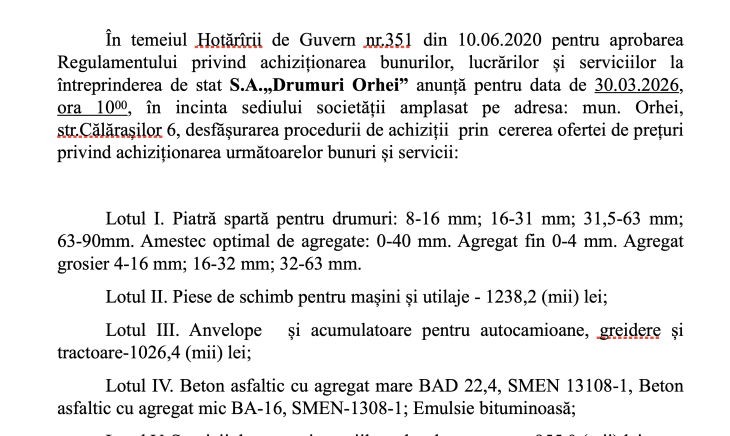 Licitație deschisă: S.A. „Drumuri Orhei” achiziționează materiale și servicii de întreținere